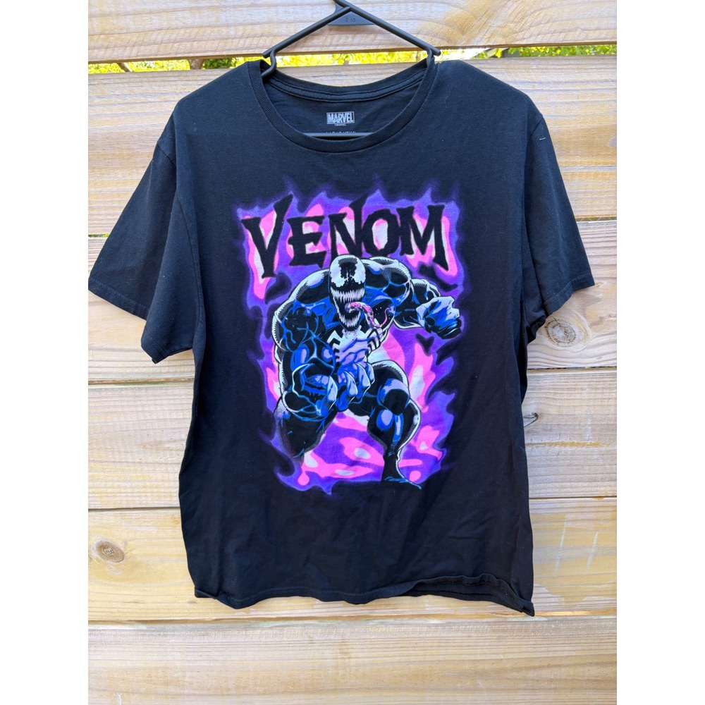 Marvel Venom Graphic T-Shirt Mens Large Black Purple Pink Flame Crew Neck Cotton